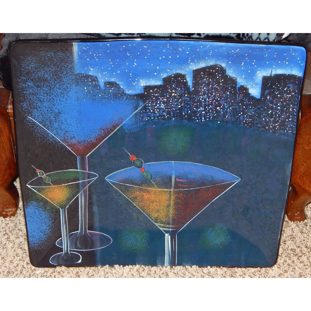 Clay Art Manhattan Square Salad Plate Martini Cityscape New York Hand Painted LG